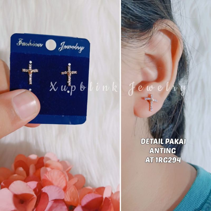 Anting Titanium Salib Permata Anti Karat Anting Klip Wanita