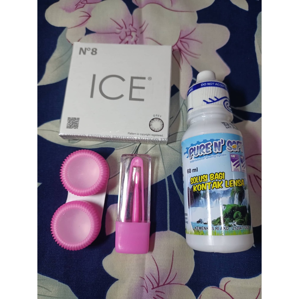 Paket Softlens Ice No 8 Normal Big Eyes Dia 16mm + Air Softlens Nice Look / Pure n Soft 60ml + Pinset + Lenscase I Softlens N8