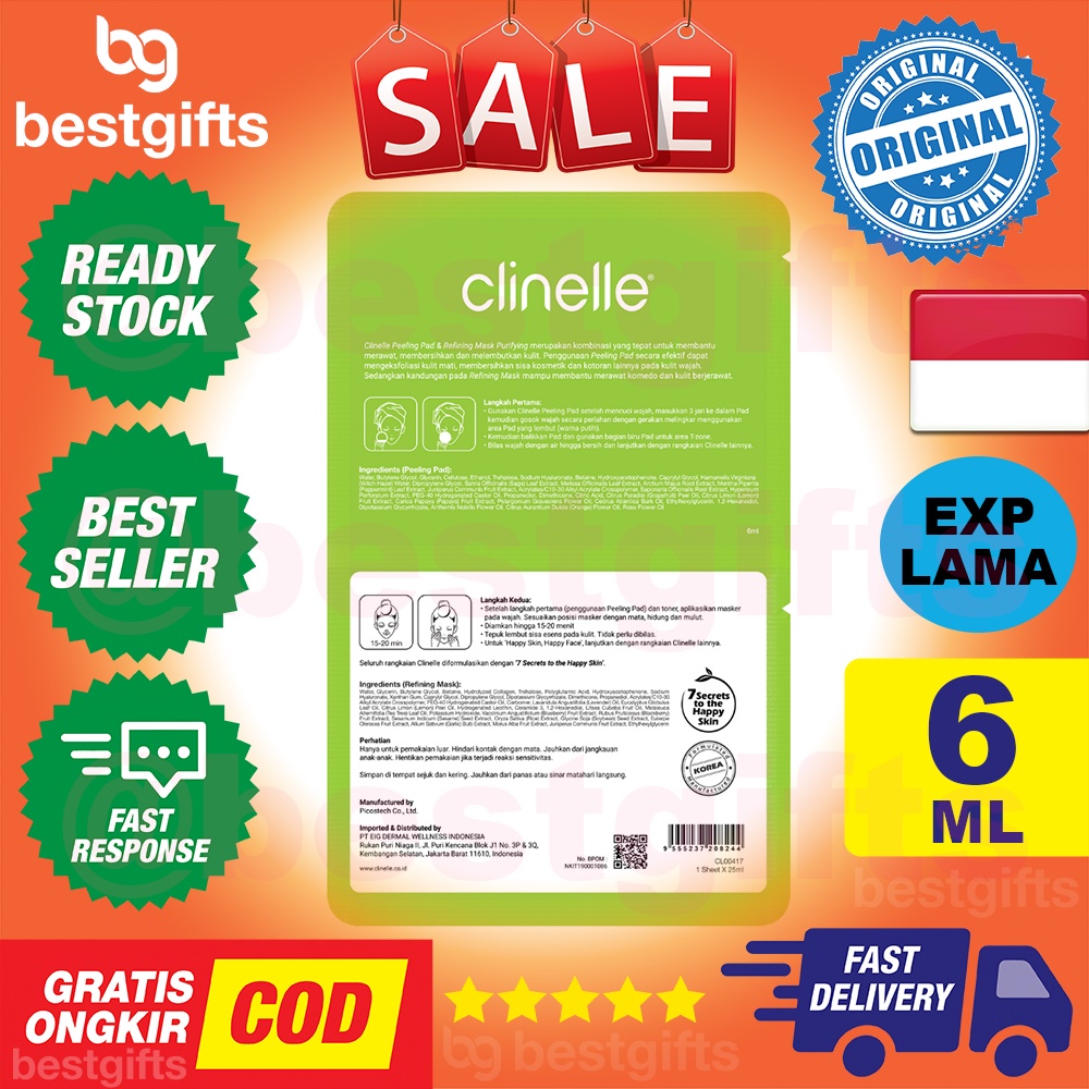 CLINELLE PEELING PAD &amp; REFINING MASK PURIFYING MASKER WAJAH KOMEDO KULIT BERJERAWAT 6 ML