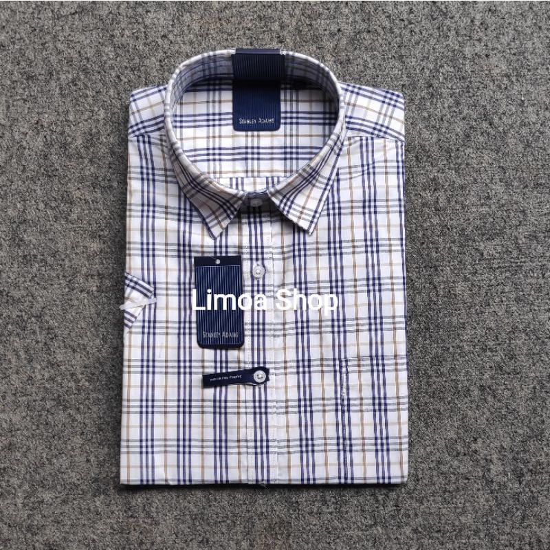 Kemeja Pria Formal STANLEY ADAMS Regular Lengan Pendek Putih Kotak Biru Kuning KSA 17