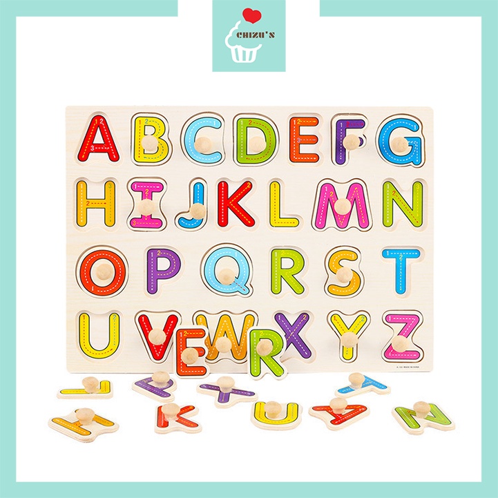 Knob Puzzle Board A | Wooden Puzzle Gagang Knop Kayu | Alphabet Alfabet Huruf Besar Kecil Uppercase Lowercase Letter ABC Angka Number Bentuk Geometri Shape Hewan Binatang Buah Sayur Sayuran Mainan Edukatif Edukasi Anak Balita Kenop Handle Peg Grip Pegged