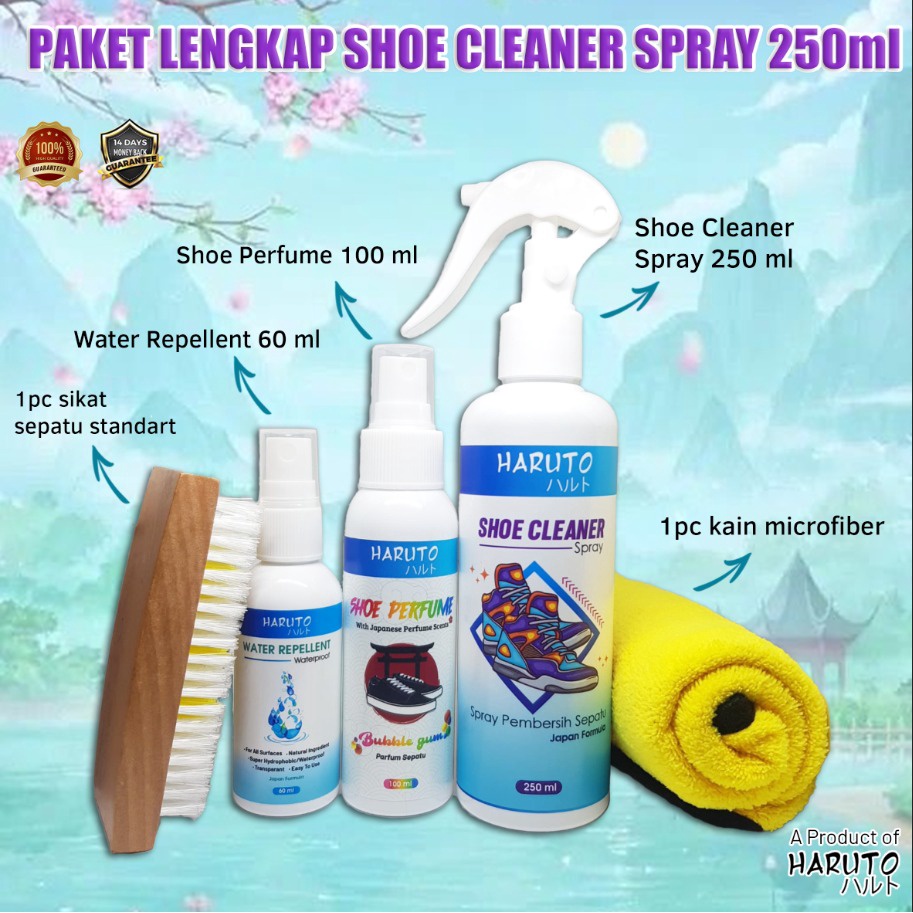 Paket pembersih sepatu Haruto Paket lengkap shoe cleaner spray 250ml+water repellent+parfum sepatu+sikat sepatu+kain microfiber