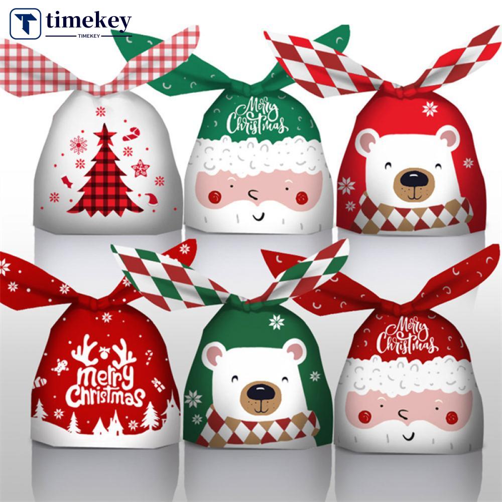 Timekey 50Pcs Kantong Plastik Motif Print Santa Claus Holder Permenbiskuit Untuk Dekorasi Pesta Nataltahun Baru E2U1