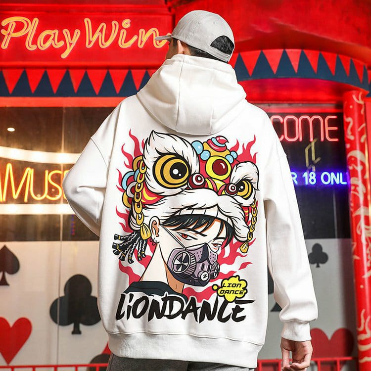 Sweater Hoodie LION DANCE Jumper Pria Wanita Bahan Fleece Tebal Ukuran S M L XL XXL XXXL