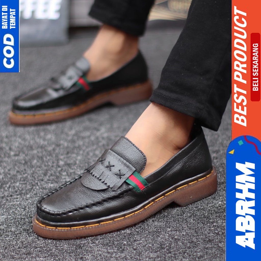 Sepatu Formal Docmart Pantofel Loafres Kulit Asli Kerja Hitam Abrhm Vidoc