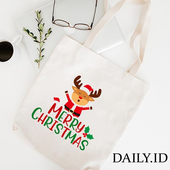 TOTE BAG KANVAS MURAH / TOTE BAG WANITA / TOTE BAG MOTIF Natal Christmas series &amp; Tahun Baru