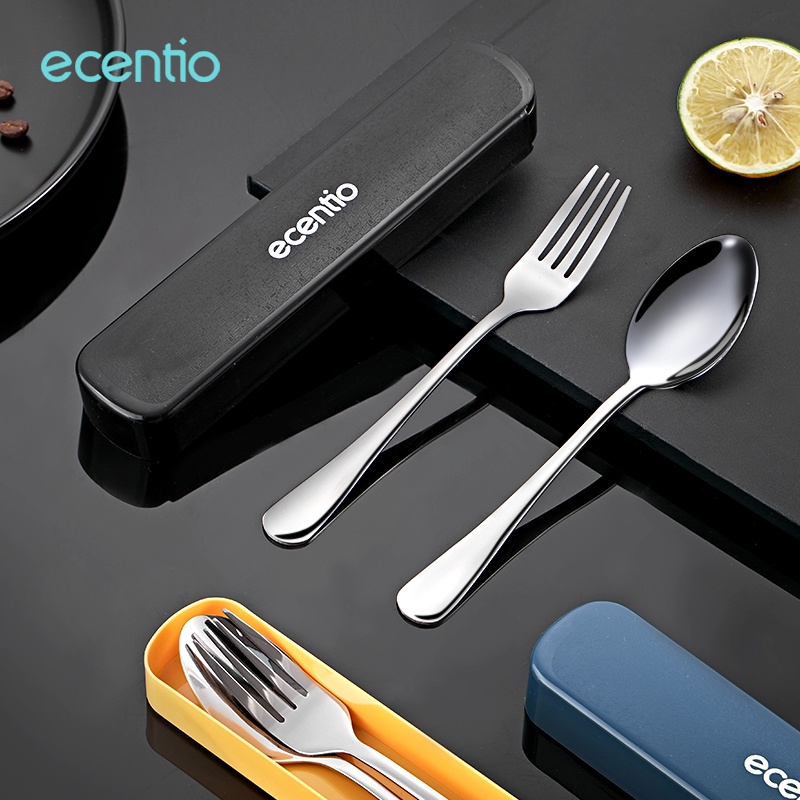 ecentio set peralatan makan stainless steel 2pcs sendok garpu Cutlery Set Hitam tableware