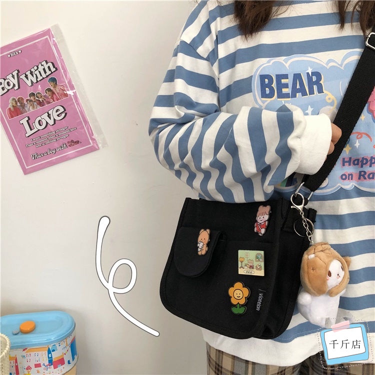 ◘◐Harajuku Jepang lucu vintage girl messenger bag Korea ins retro tas kanvas kelas siswa berkapasitas besar