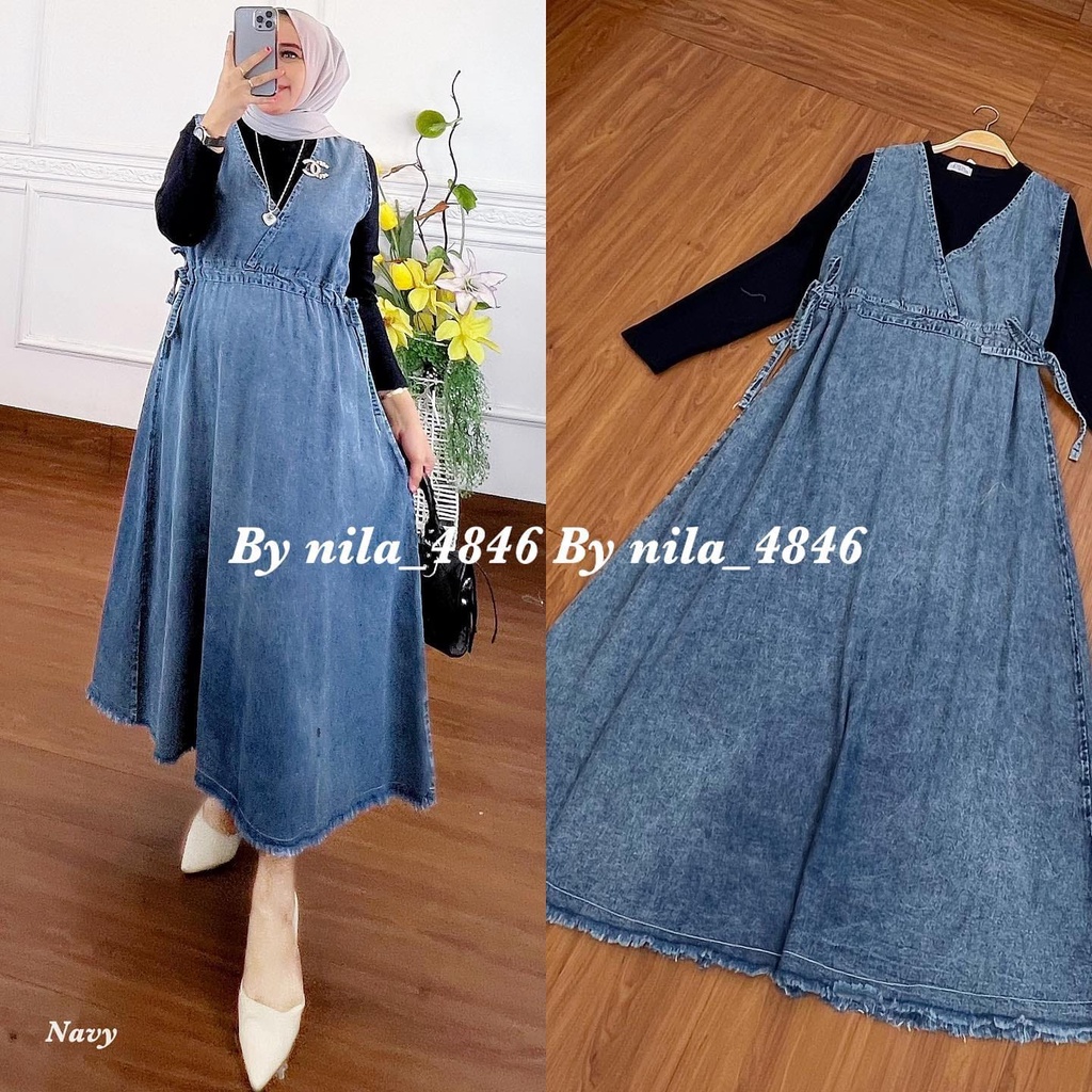 Parisdivarious Maudy Overall Bahan Denim Kombinasi Knit Ld 110Cm Fit XXL