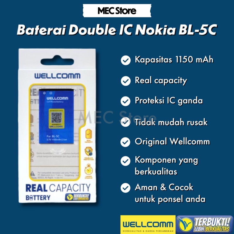 Baterai / Battery Double IC Power Nokia BL-5C / BL5C , BL 5C Original Wellcomm