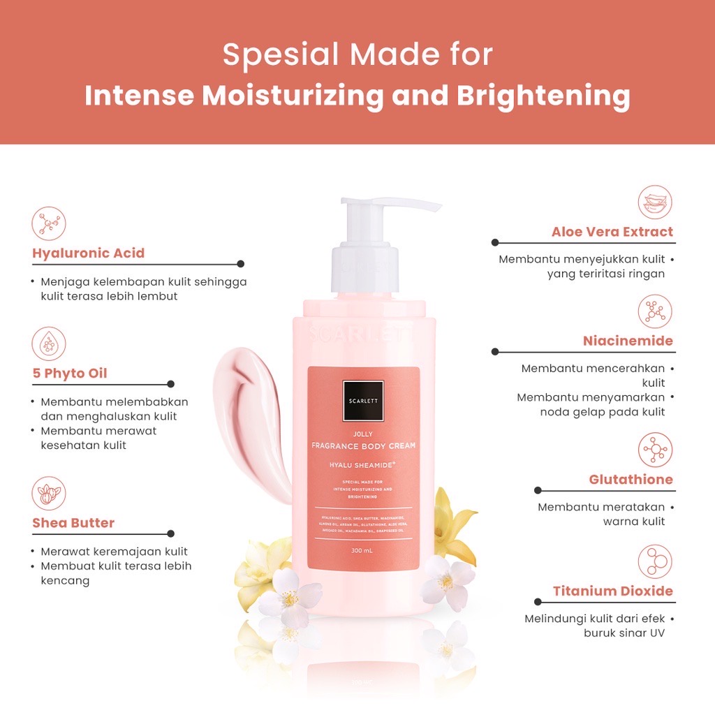 SCARLETT Whitening Fragrance Body Cream Jolly Indonesia / 300ml / Hyalu Sheamide / Special Made For Intense Moisturizing And Brightening / Body Care / Perawatan Kulit Tubuh / Moisturizer Pelembab Parfum / Serum Lotion / Skincare Series Package Paket Set