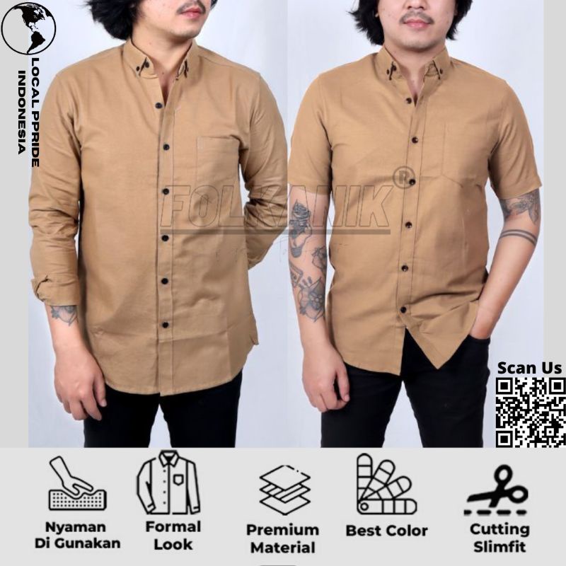 Jual Kemeja Polos Pria Lengan Panjang Pendek Katun Hem Slimfit Warna Cream Coksu Cokelat Pramuka 