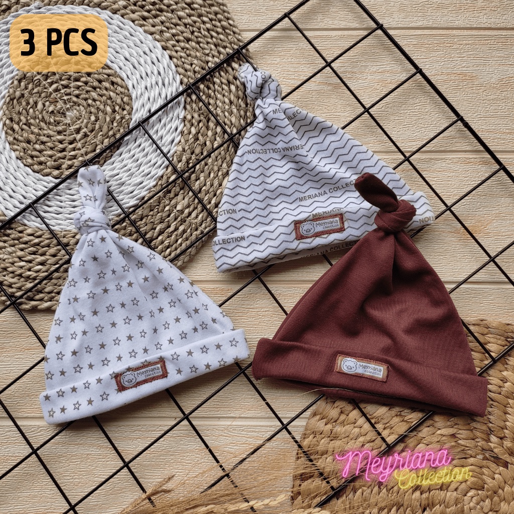 3 PCS Topi Bayi Kupluk Bayi Baru Lahir Seri Coklat Lucu Usia 0-3 Bulan Meyriana Collection