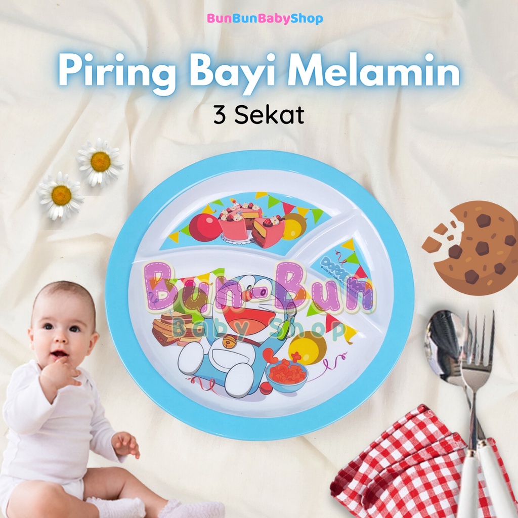 Piring Makan Melamin 3 Sekat Bayi Anak Karakter Doraemon Melamine Oval Bulat Peralatan Baby Boy Girl Baru Lahir New Born Perlengkapan Feeding Set Newborn Laki Perempuan Bunbunbabyshop