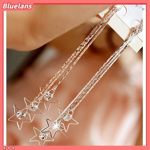 Anting Rantai Panjang 3 Lapis Bentuk Pentacle Aksen Berlian Imitasi Untuk Wanita