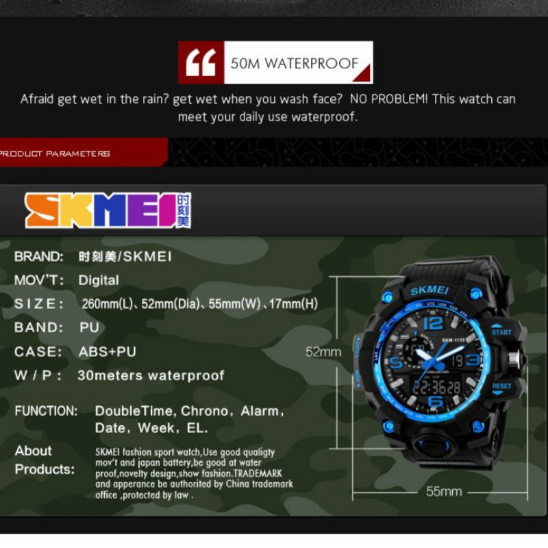 JAM TANGAN ANTI AIR SKMEI 1155 TERLARIS DUALTIME ANALOG FASHION