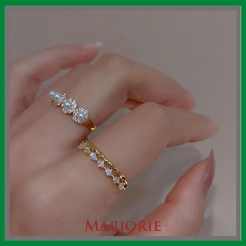 Double-layer Retro Pearl Diamond Ring Niche Light Desain Mewah Cincin Dapat Disesuaikan Terbuka-MJD