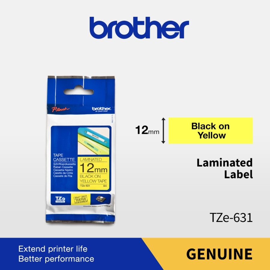 

Brother Color Tape TZE-631 12mm Laminated Black On Yellow