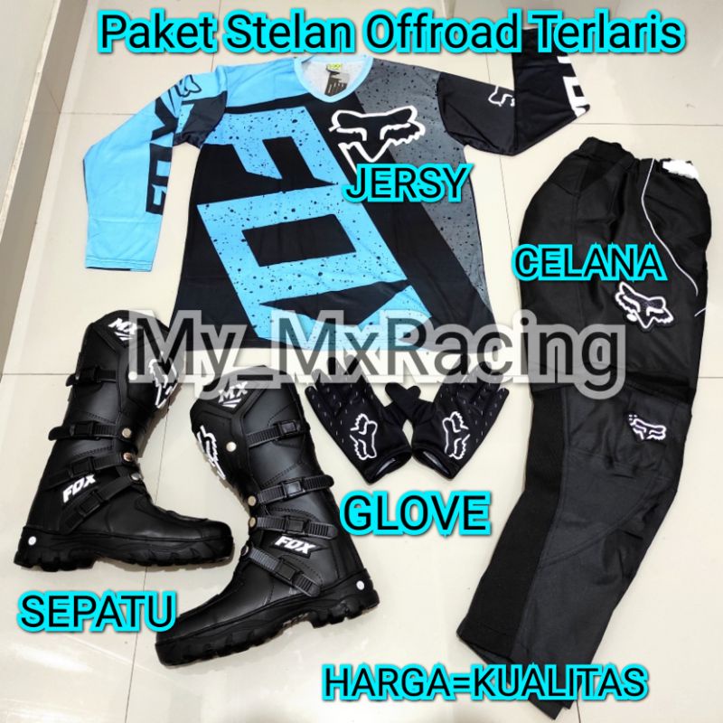 setelan cross sepatu ujung besi dan jersy set dan sarung tangan