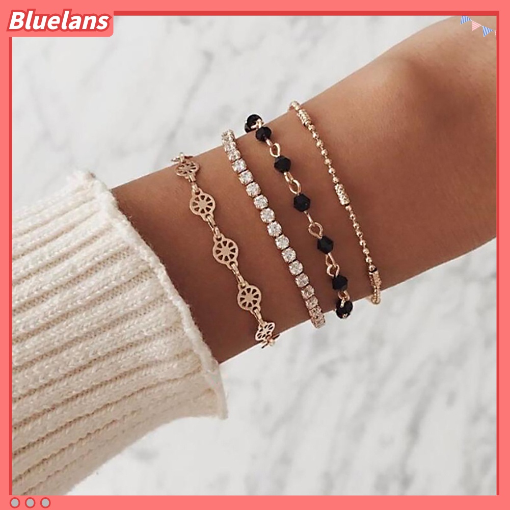 4pcs / Set Gelang Rantai Manik-Manik Berlian Imitasi Multilayer Model Kompas Hollow Untuk Wanita