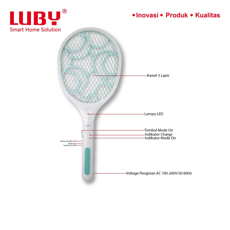 Raket Nyamuk Luby tipe L-3826A 3881 3882 3883 Baterai Cas LED lampu Rechargeable Mosquito Electric Swatter