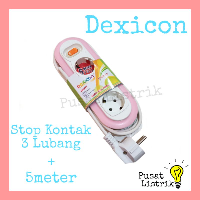 Stop Kontak 3 Lubang + Kabel 3meter 5meter Dexicon Switch On/Off Warna