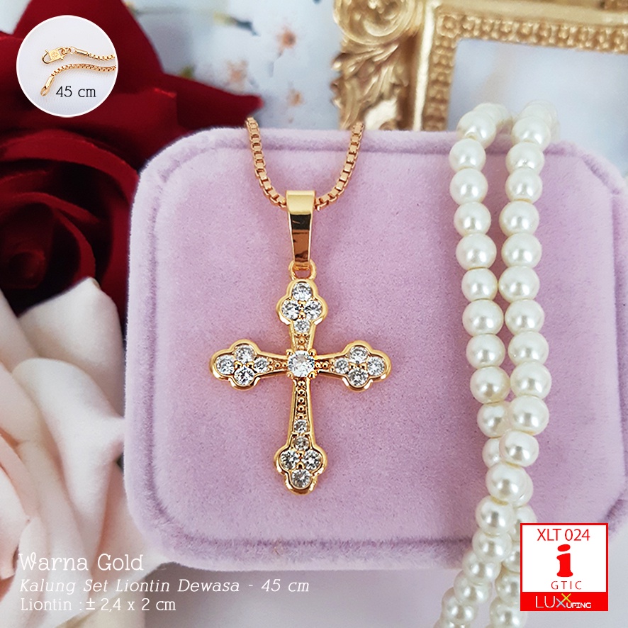 XLT 024  Kalung Salib Yesus Kristus Permata Zirkon Perhiasan Imitasi Lapis Emas 18K Aksesoris Rohani Kristen Katolik Rosario Luxx Xuping