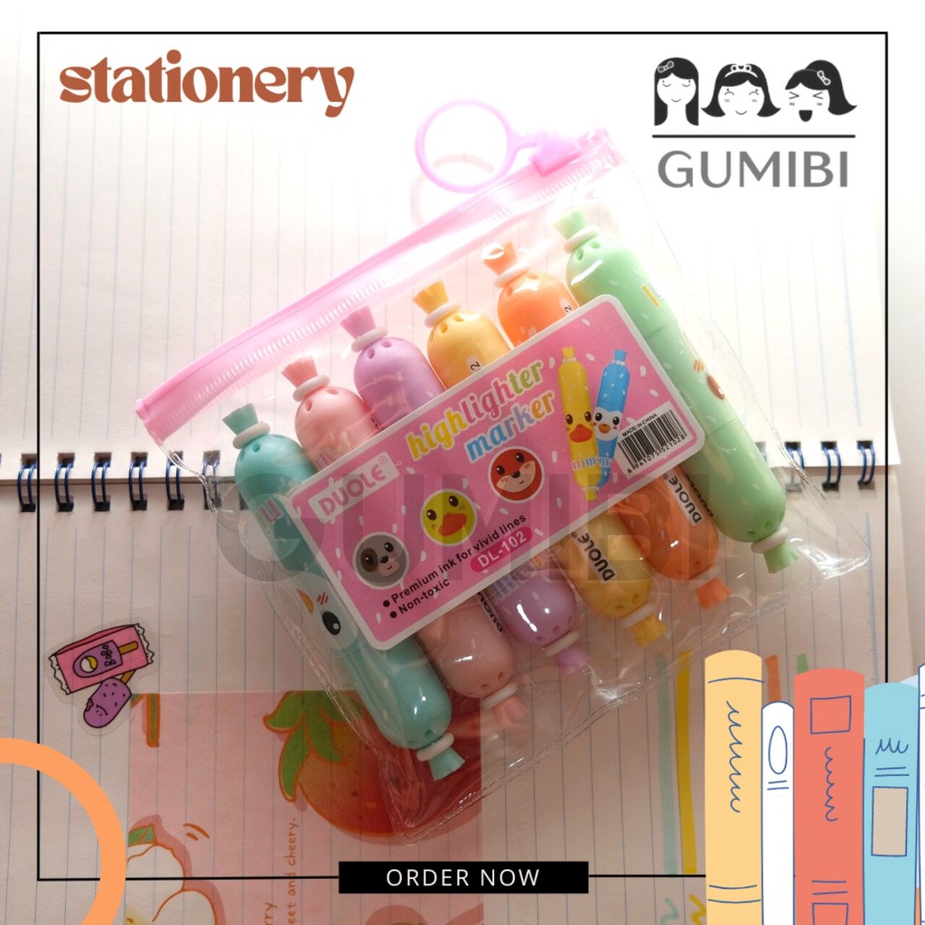 

STABILO SOSIS SET ISI 6 PCS FREE POUCH WARNA WARNI COLORFUL HIGHLIGHTER IMUT LUCU