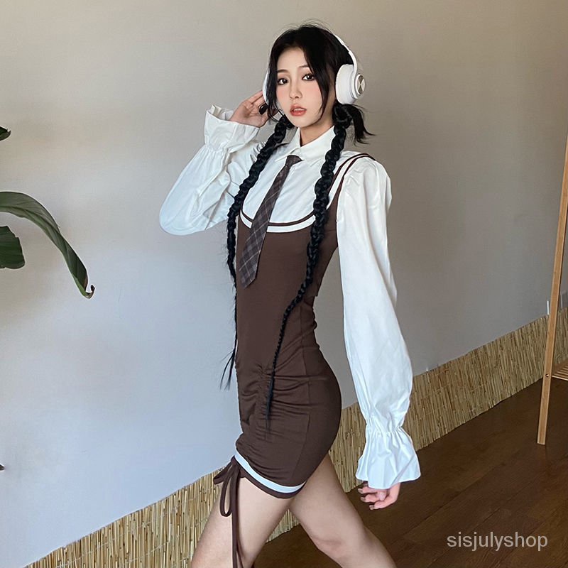 Hot Girl Serut Lipit Dress Wanita + Lengan Berkobar dan Dasi Pendek Top Dua Potong Set
