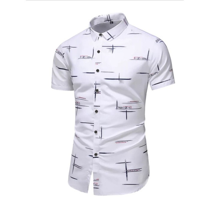 KEMEJA PRIA COD-KEMEJA MOTIF ASLI/HEM PRIA LENGAN PENDEK CASUAL/KEMEJA HARISTON - Putih, L TERBARU P