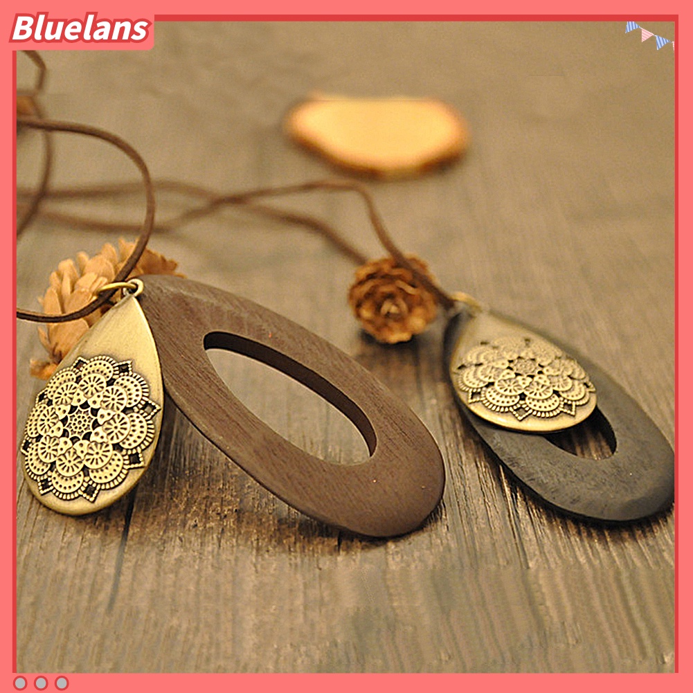 Bluelans Kalung Tali Velvet Dengan Liontin Kayu Bentuk Tetesan Air Model Vintage Untuk Wanita