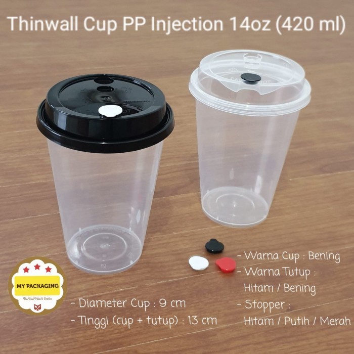 PP Cup Injection + tutup + stopper 500set -  Gelas Plastik ukuran 14oz / 14Oz / 400ml FORE