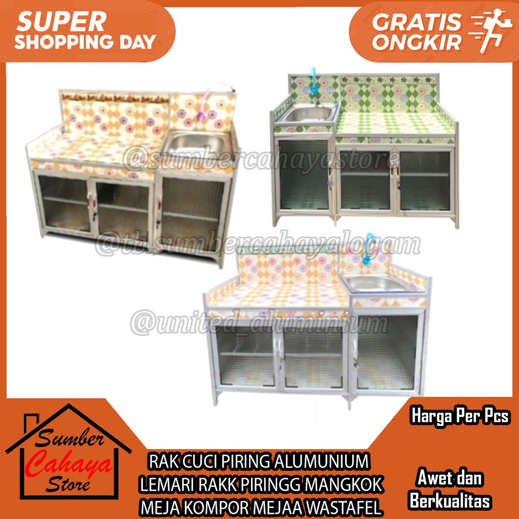 MEJA KOMPOR WASTAFEL RAK CUCI PIRING ALUMUNIUM LEMARI RAKK PIRINGG MANGKOK GELAS CANGKIR SENDOK GARP