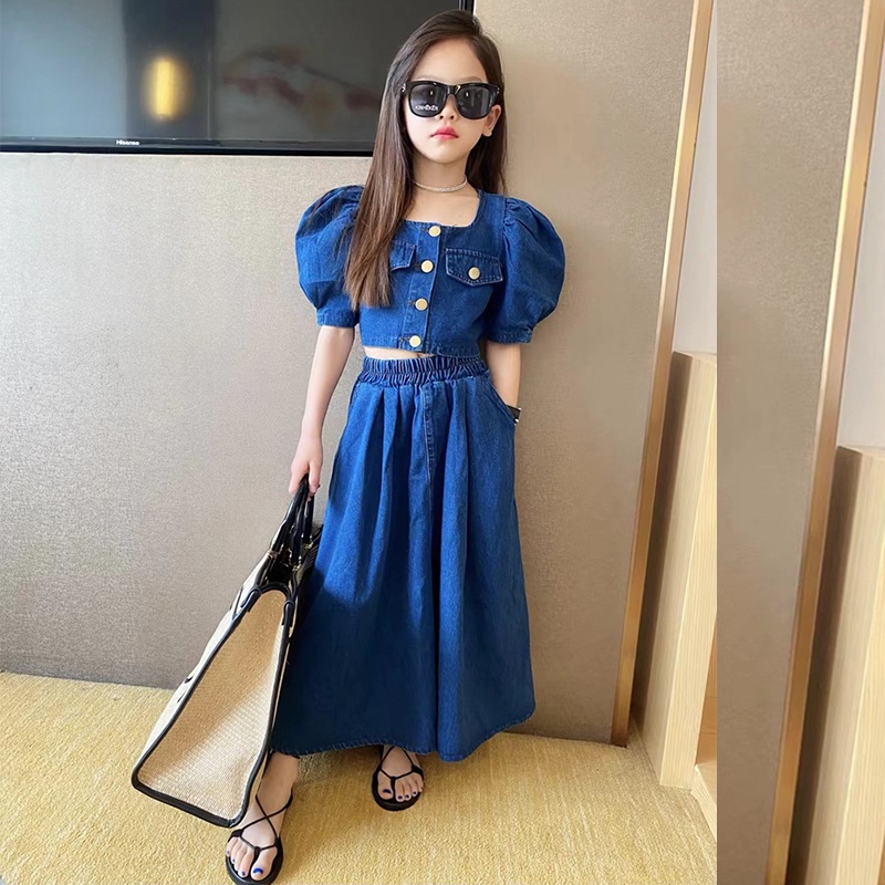 SSP30-Setelan Set Anak Remaja Besar Tanggung Crop Top Full Rok Jeans Set Fashion Korea