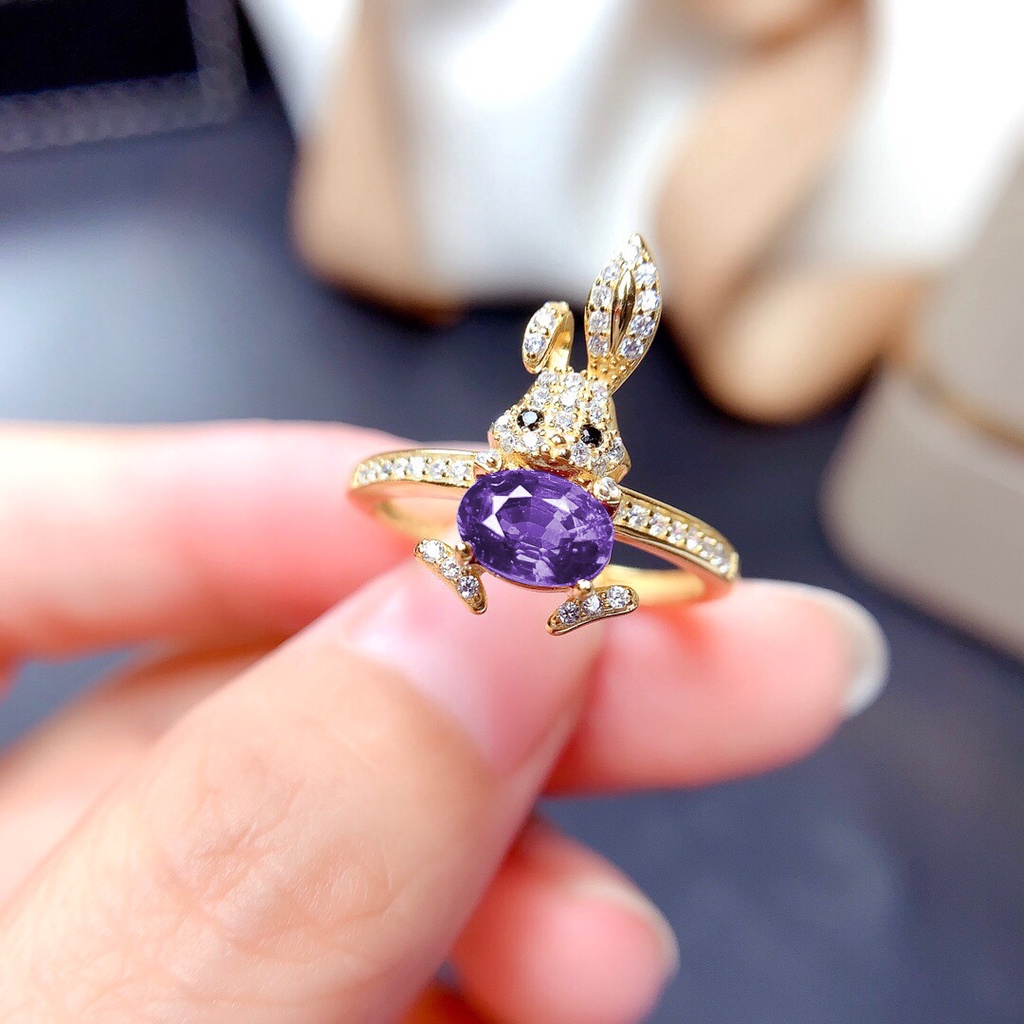 Goldkingdom Perhiasan Fashion 24K Bangkok Aksesoris Ready Stock Berlapis Emas Asli Kadar 375 18k Amethyst Kelinci Lucu Liontin Micro Berlian Rabbit Cincin Wanita Set