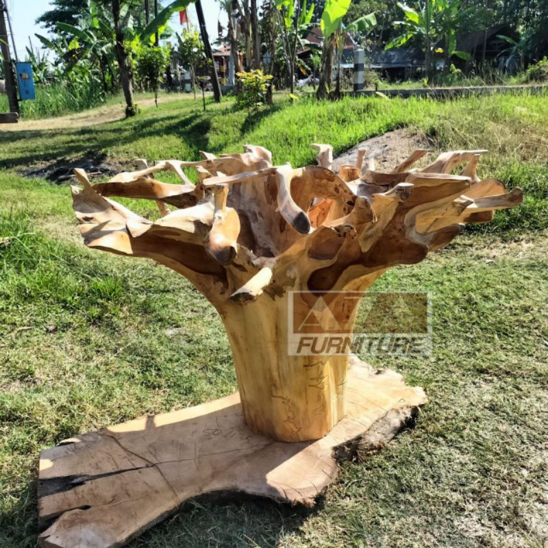 Meja Makan Natural Akar Kayu Jati Ukiran Tangan