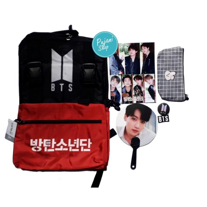 

[COD] paket hemat BTS (tas+buku tulis+tempat pensil+kipas+stiker+pin) PROMO SPECIAL Kode 961