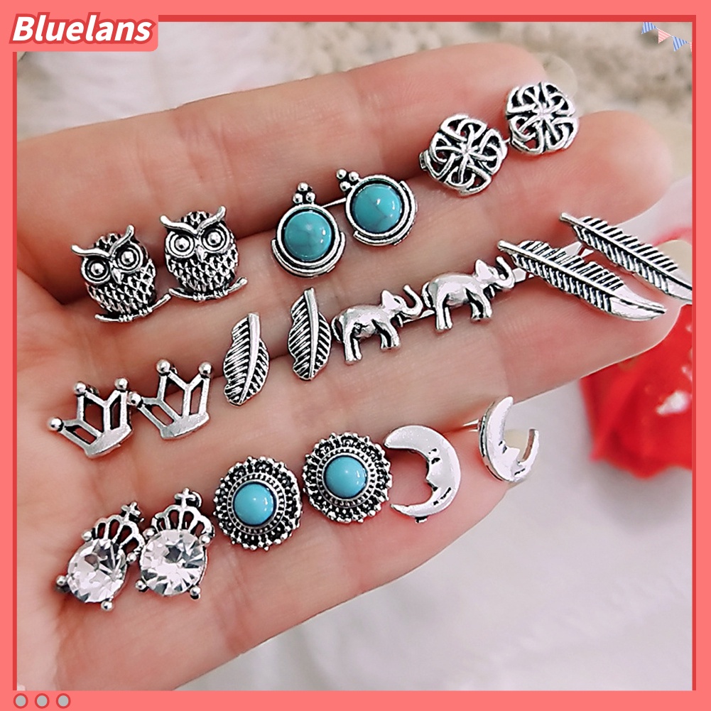 Bluelans 10 Pairs Women Rhinestone Crown Elephant Owl Leaf Ear Studs Earrings Jewelry