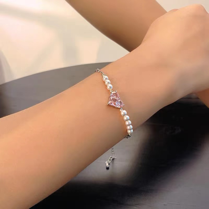 Gelang Mutiara Zircon Bentuk Hati Warna Pink Gaya Korea Untuk Wanita