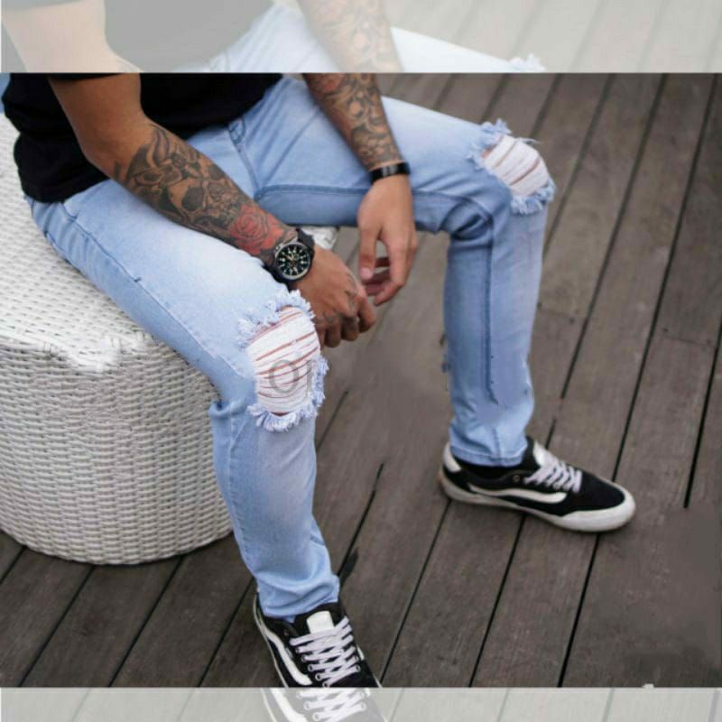 Celana Jeans Pria sobek lutut robek ripped destroy premium softjeans streetch melar slimfit skinny - Lesvaringo