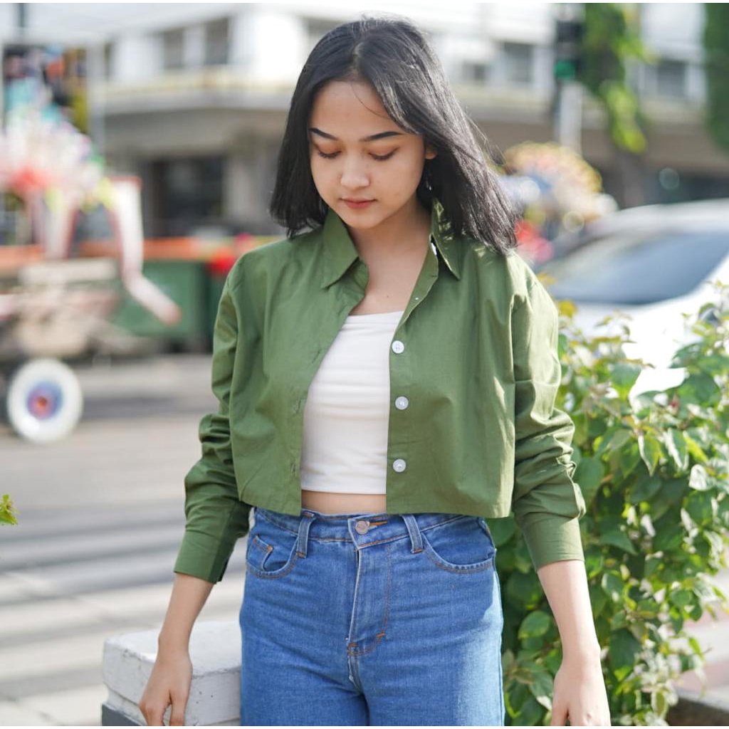 Tq88indonesia Fashion Kemeja Crop Wanita Terbaru /  JOLBI POPLIN COTTON CROP SHIRT / Hem / Kem Polos Lengan Panjang /  Busana Casual Cewek / Ootd Kekinian