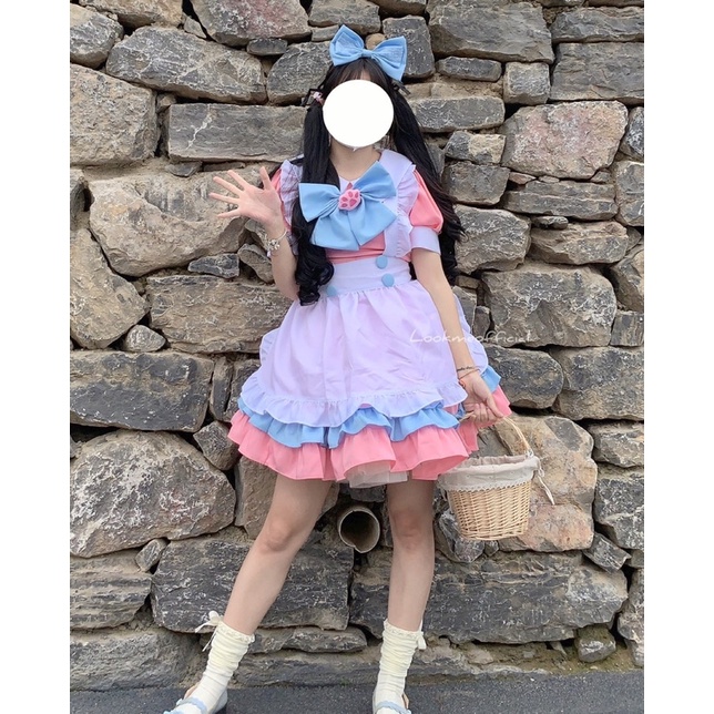 Molly Colorfull Set Costume Kawaii Maid Uniform Japanese Style Setelan Gaun Apron Pita Tema Pelayan 