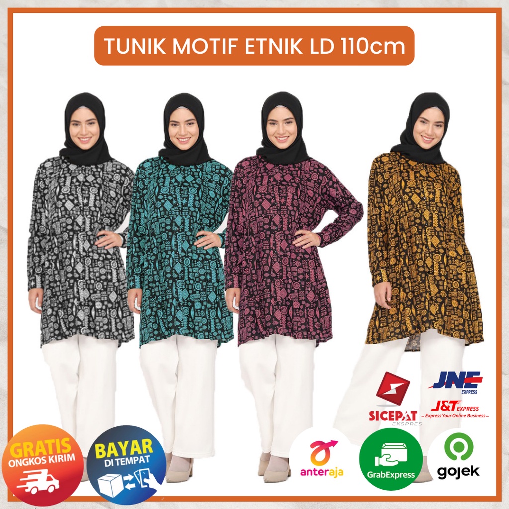 Ezpata Atasan Kemeja Tunik Rayon Premium Motif Etnik Kekinian Lengan Panjang Penutup Kancing Wudhu Busui Friendly Termurah Berkualitas