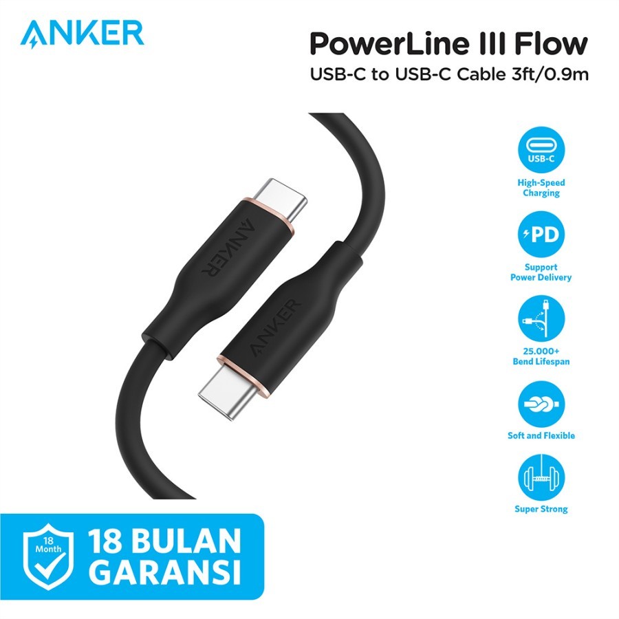 Kabel Charger Anker PowerLine III Flow USB-C to USB-C 3ft A8552