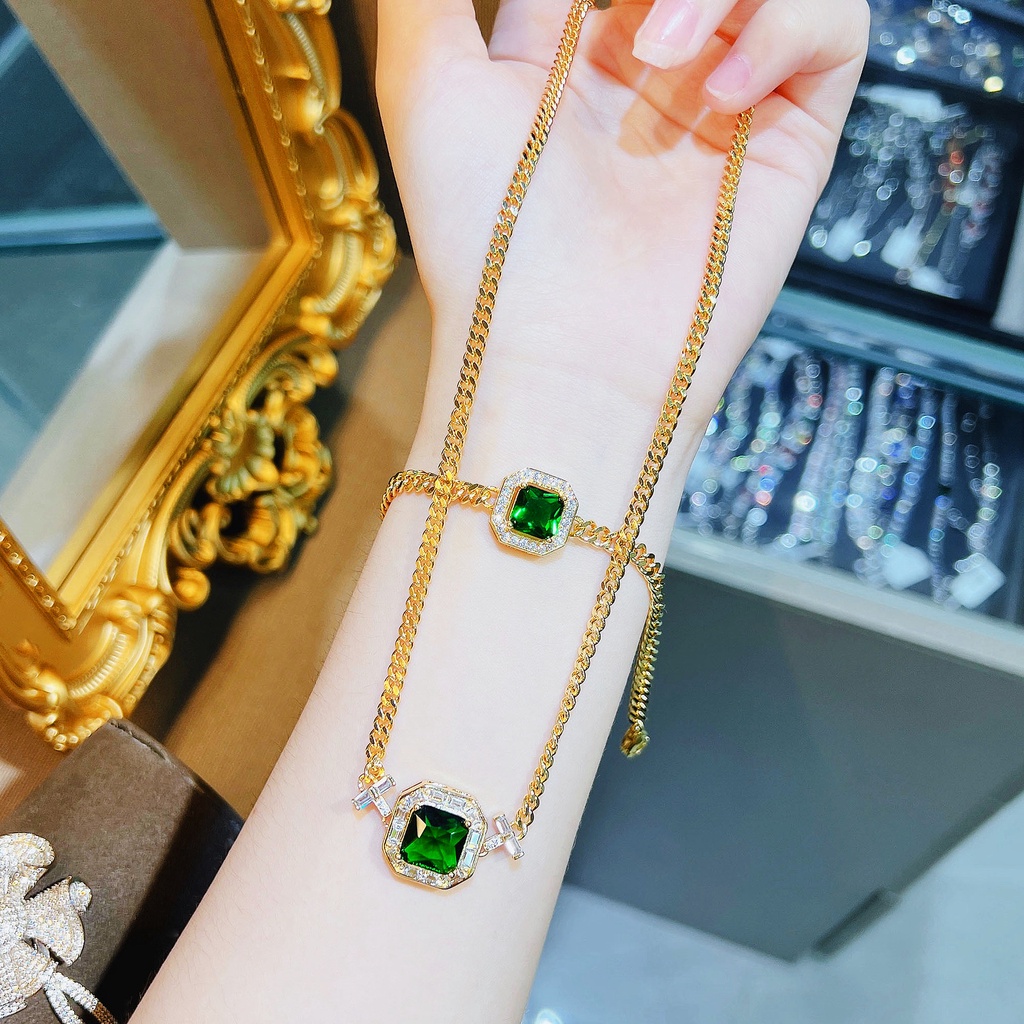 Goldkingdom Perhiasan Fashion Emas Asli Kadar 375 Bangkok Aksesoris Ready Stock Perhiasan Lapis Emas Emerald Square Diamond Chain Rantai Vintage Cuban Chain Bracelet