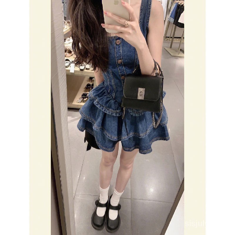 #Sisjuly# Gaun bertali denim wanita wanita retro ruffle ruffle pinggang-skimming tank dress