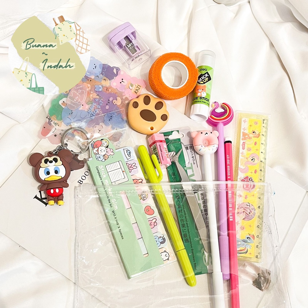 

kln Pouch Set alat tulis sticker pensil gantungan kunci pulpen pena pensil penggaris sekolah sticky
