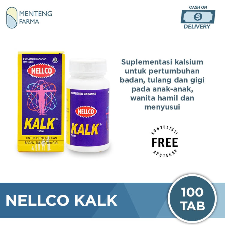 Nellco Kalk 100 Tablet - Suplemen Kalsium Pertumbuhan Anak, Ibu Hamil dan Menyusui