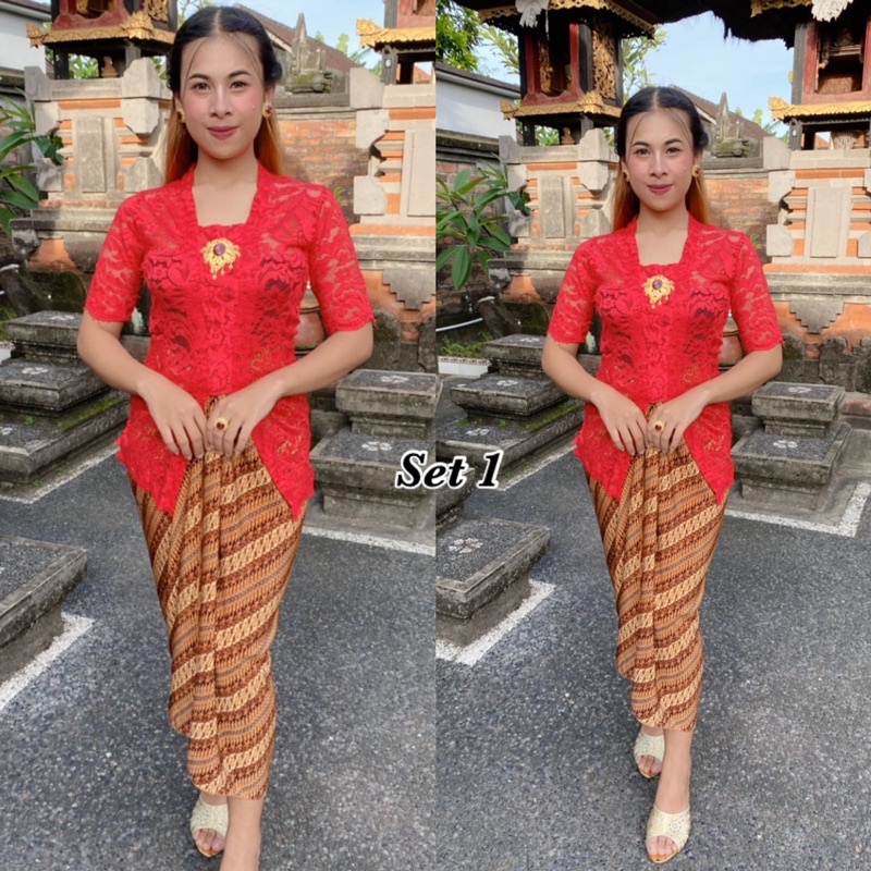 Setelan kebaya brokat lengan pendek set rok lilit