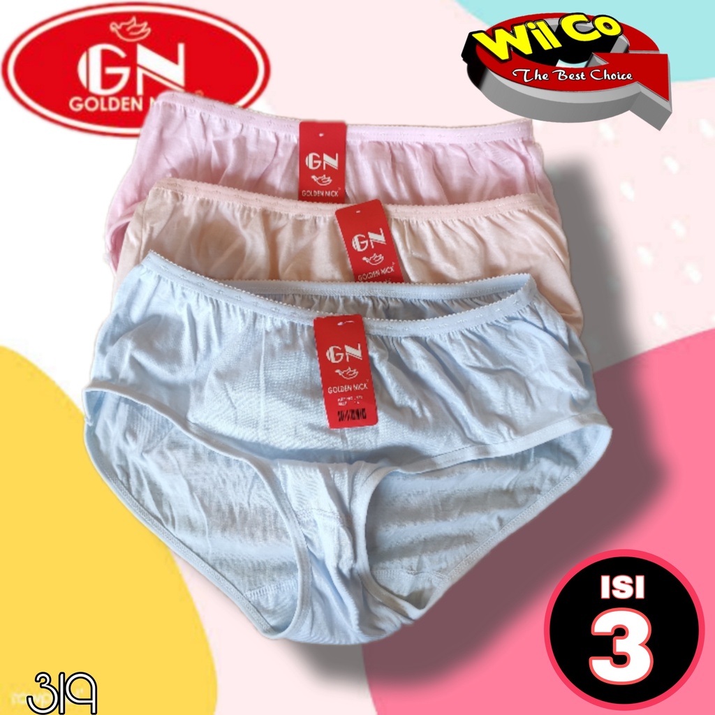 K319T - (HARGA PER 3 PCS) CELANA DALAM WANITA PAKAIAN WANITA PAKAIAN DALAM GOLDEN NICK SIZE M - XXL WARNA TERANG RANDOM